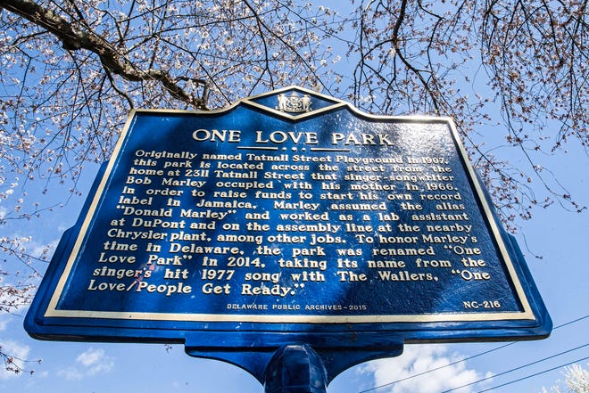 The Delaware Public Archives Historical Marker is featured at One Love Park/Tatnall Street Park in Wilmington, Wednesday, March 20, 2024. Wilmington native Stephen Marley, son of Bob and Rita Marley was presented with the key to the city by Mayor Purzycki at the park today.