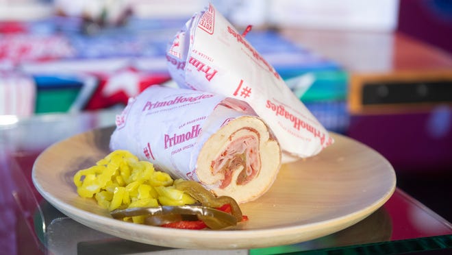 A Primo Italian hoagie is displayed during an event to highlight what is new for the 2024 Philadelphia Phillies season at Citizens Bank Park in Philadelphia on Monday, March 25, 2024.
