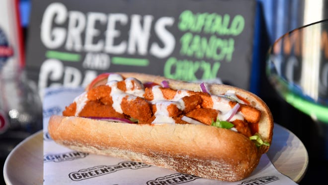 A Greens & Grains Buffalo Chik'n Hoagie is displayed during an event to highlight what is new for the 2024 Philadelphia Phillies season at Citizens Bank Park in Philadelphia on Monday, March 25, 2024.