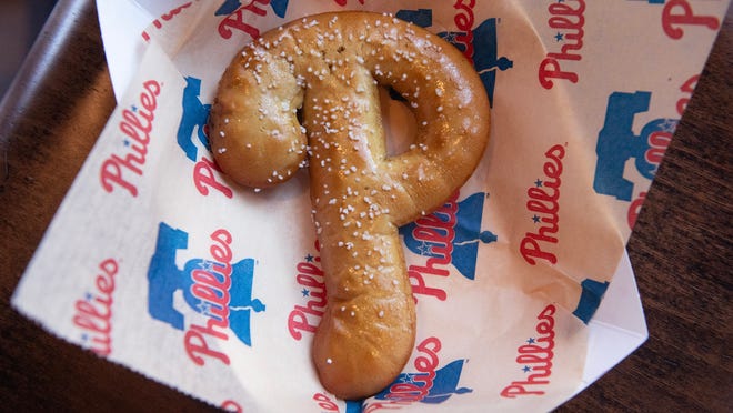 A "P" shaped soft pretzel is displayed during an event to highlight what is new for the 2024 Philadelphia Phillies season at Citizens Bank Park in Philadelphia on Monday, March 25, 2024.