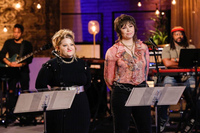 Hockessin singer Olivia Rubini (right) and fellow contestant Jackie Romeo during their coaching session with 12-time Grammy Award winner John Legend on the March 25 episode of "The Voice" on NBC.