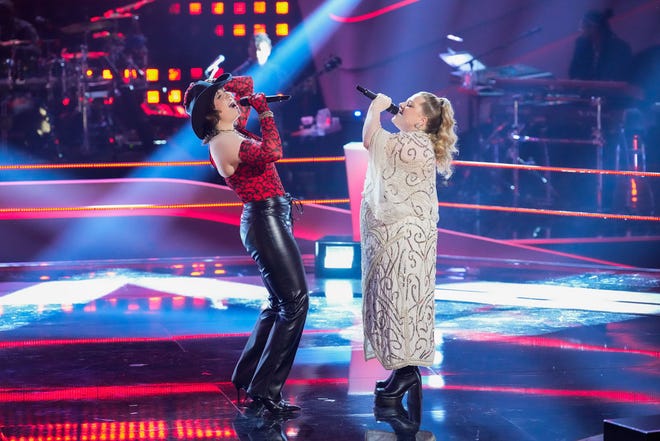 Hockessin singer Olivia Rubini (left) and fellow contestant Jackie Romeo perform Stevie Nicks' "Edge of Seventeen" in the "Battles" round of NBC's "The Voice" during the March 25 episode.