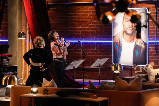 Hockessin singer Olivia Rubini (right) and fellow contestant Jackie Romeo perform during their coaching session with 12-time Grammy Award winner John Legend on the March 25 episode of "The Voice" on NBC.