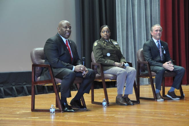 Guest speakers at the Tuskegee Airmen Commemoration Day Expo March 28 in Dover, from left: Dr. Gerald Curry, director of the Air Force Review Boards Agency; Ernestine Epps, Command Chief Warrant Officer for the Delaware National Guard, and state Sen. Eric Buckson.