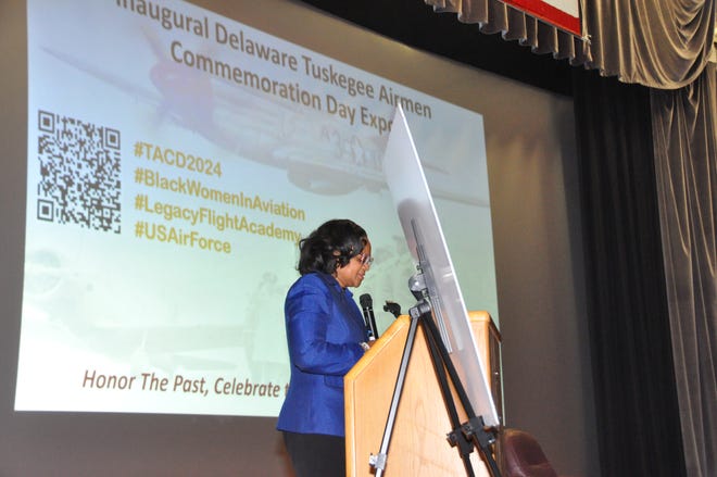 Rep. Sherry Dorsey Walker, D-Wilmington, whose great-uncle was a Tuskegee Airman, presented the Delaware House resolution declaring Tuskegee Airmen Commemoration Day as the fourth Thursday in March during the expo at Dover Air Force Base on Thursday, March 28, 2024.