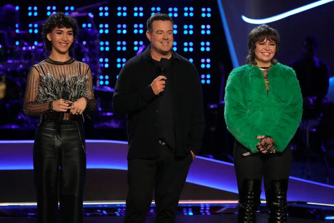 From left to right: Texas singer Frank Garcia, "The Voice" host Carson Daly and Delaware's Olivia Rubini await the results on NBC reality singing competition Monday, April 8.