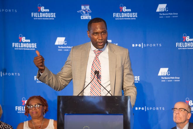 Delaware Blue Coats General Manager Elton Brand speaks during the groundbreaking celebration for the 76ers Fieldhouse Wednesday near the Riverfront. The sports complex will be the new home for the 76ers NBA G League team the Delaware Blue Coats.