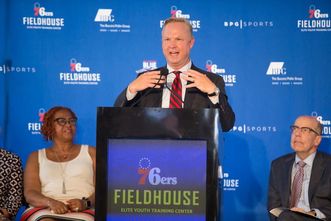 Philadelphia 76ers President of Business Operation Chris Heck speaks during the groundbreaking celebration for the 76ers Fieldhouse Wednesday near the Riverfront. The sports complex will be the new home for the 76ers NBA G League team the Delaware Blue Coats.