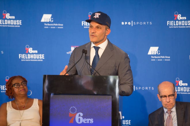 Co-President of the Buccini/Pollin Group Robert Buccini speaks during the groundbreaking celebration for the 76ers Fieldhouse Wednesday near the Riverfront. The sports complex will be the new home for the 76ers NBA G League team the Delaware Blue Coats.