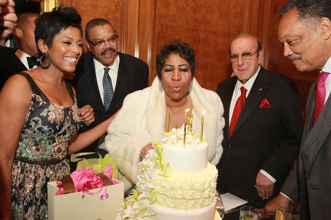 Reporter Tamron Hall, from left, Willie Wilkerson, singer Aretha Franklin, music executive Clive Davis and Rev. Jesse Jackson Sr. attend Aretha Franklin’s 74th Birthday Celebration at the Ritz-Carlton on Thursday, April 14, 2016, in New York.