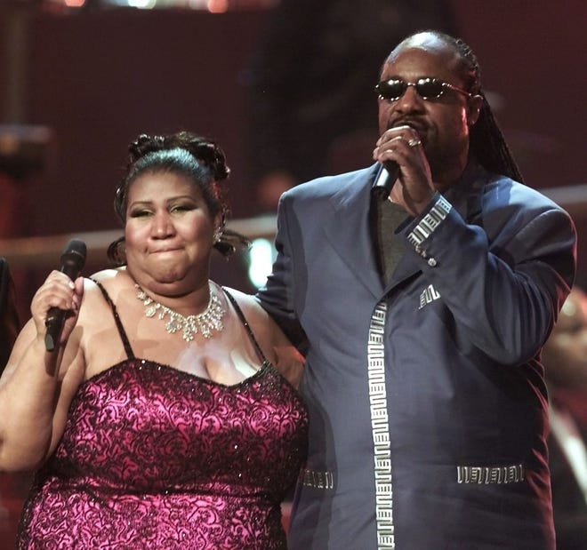 Aretha Franklin sings with Stevie Wonder at the finale of the "VH1 Divas 2001: The One and Only Aretha Franklin" event Tuesday, April 10, 2001, in New York. The special tribute also featured Mary J. Blige, Jill Scott, Cella Cruz, Marc Anthony and Kid Rock.