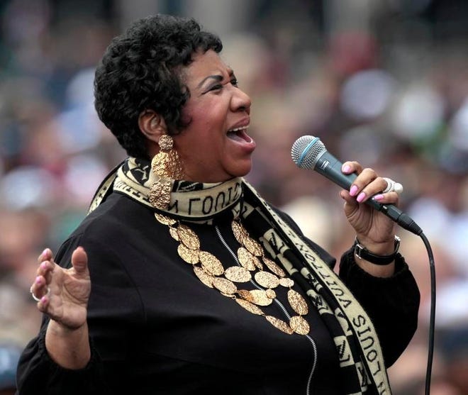 A file picture dated Sept. 5, 2011, shows Aretha Franklin performing at a Labor Day event outside of the Renaissance Center in Detroit, Michigan.