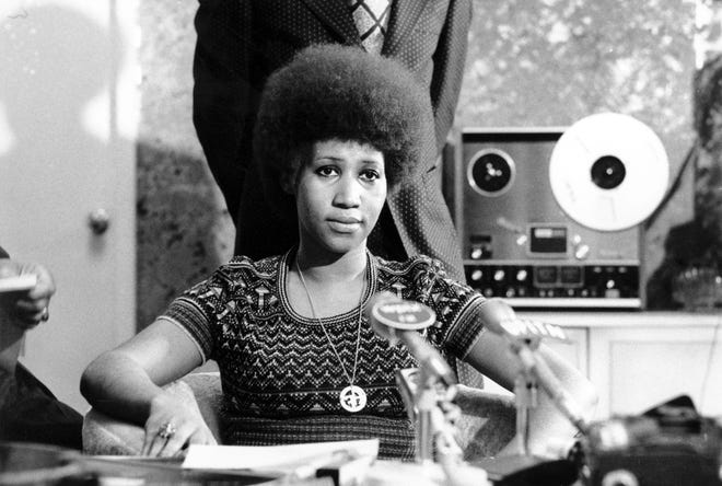FILE - In this March 26, 1973 file photo, soul singer Aretha Franklin appears at a news conference. Franklin died Thursday, Aug. 16, 2018 at her home in Detroit.  She was 76. (AP Photo, File)