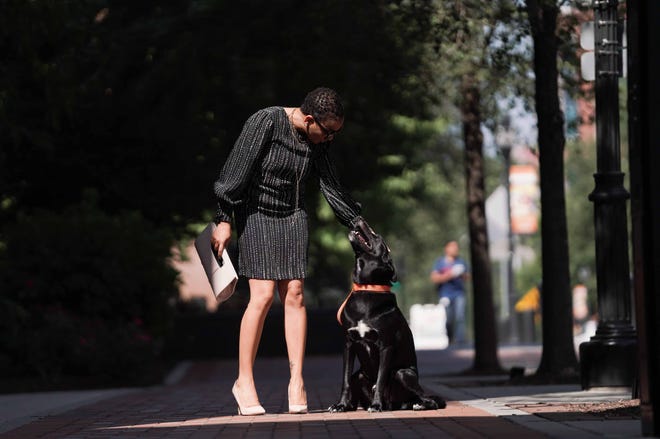 Tamarra Morris wears a print dress from H&M with a faux leather handbag from Saks Off Fifth and nude Steve Madden heels while petting her dog, Max.