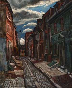 Wilmington painter Edward Loper Sr.'s 'Elfreth's Alley from 1948 is part of the Delaware Art Museum's exhibit featuring art given to it by the Hotel du Pont.