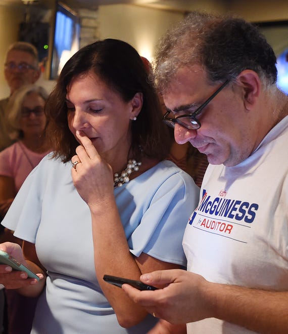 Candidate for state auditor Kathy McGuiness celebrated her victory in the Democratic primary at Grotto's Pizza in downtown Rehoboth Beach.
