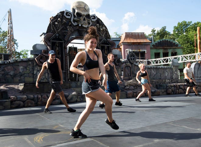 Dancers practice their moves as they prepare for the Dead Man’s Party show that is part of Fright Night at Six Flags Great Adventure.
