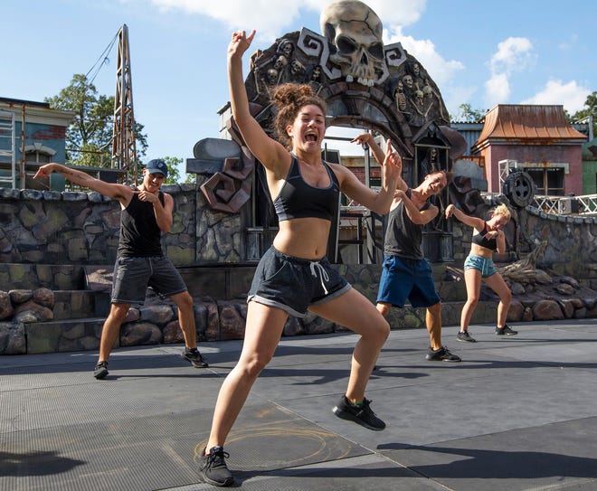 Dancers practice their moves as they prepare for the Dead Manâ€™s Party show that is part of Fright Night at Six Flags Great Adventure.