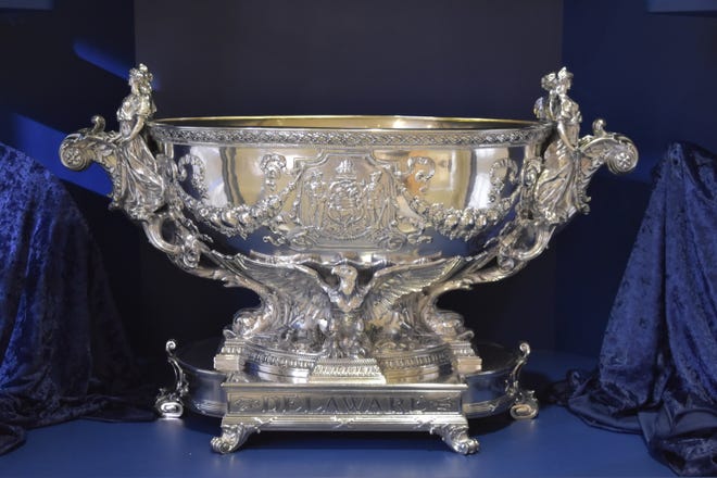 Admire the 22 pieces of Delaware silver gifted by state citizens to the U.S.S. Delaware battleship in 1910, now at the Delaware Public Archives in Dover.
