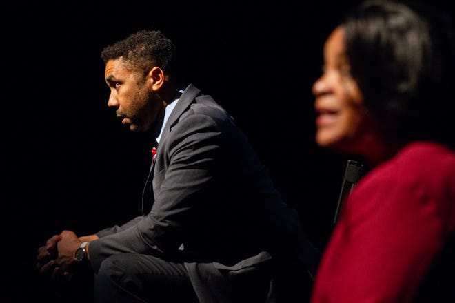 Edward O’Blenis, left, and Kimberly S. Fairbanks star in Delaware Theatre Company's premiere production of "Sanctions," which looks at the issues surrounding college football programs.