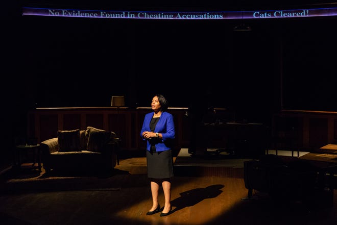 Kimberly S. Fairbanks stars in Delaware Theatre Company's premiere production of "Sanctions," a look at the issues revolving around college football programs.