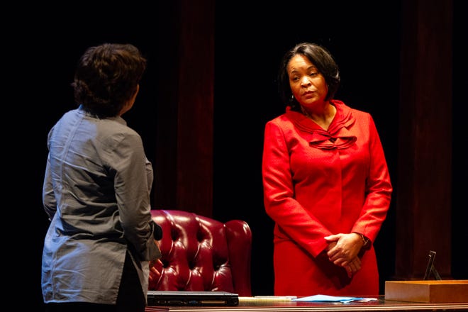 Catharine K. Slusar, left, and Kimberly S. Fairbanks star in Delaware Theatre Company's "Sanctions," which opens the the 40th anniversary season.