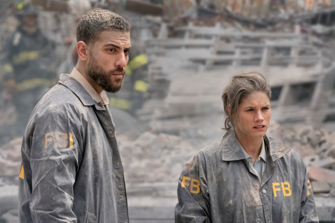Special Agent Maggie Bell (Missy Peregrym), right, and her partner,  Special Agent Omar Adom 'OA' Zidan (Zeeko Zaki), are covered in ash after barely escaping death during an apartment building explosion in the series premiere of CBS's 'FBI.'