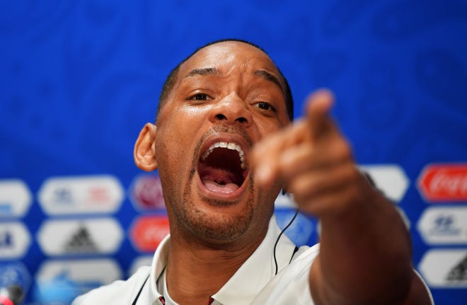 Will Smith reacts at a closing ceremony press conference during the 2018 FIFA World Cup at Luzhniki Stadium on July 13, 2018, in Moscow.