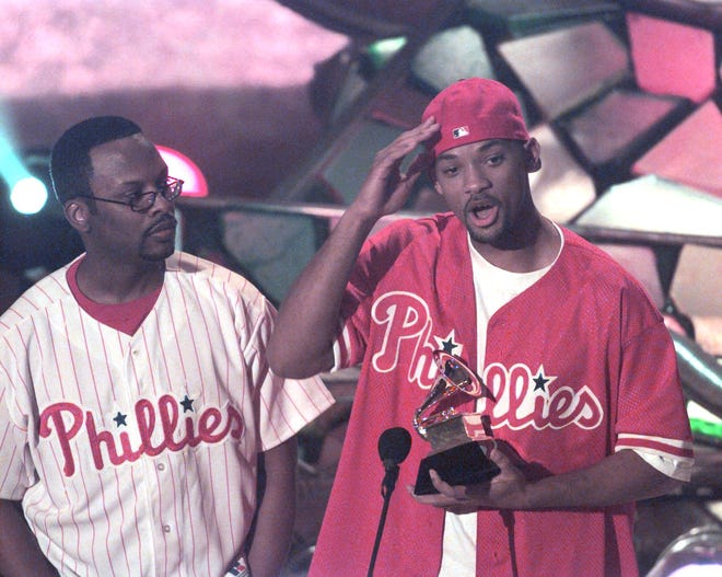 Jazzy Jeff and Will Smith with their Grammy at the 40th annual Grammy Awards on Feb. 25, 1998.