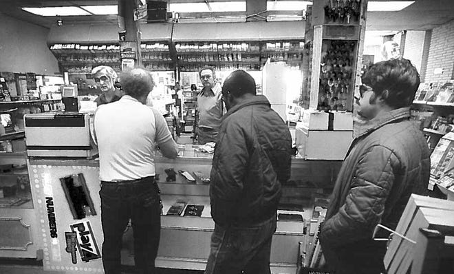 Line for lottery tickets at Brookside News Stand in 1985.