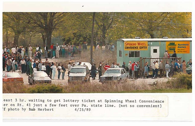 Lottery lines from early on Monday morning at Brewer's outlet on Concord Pike for the PA lottery in 1984.