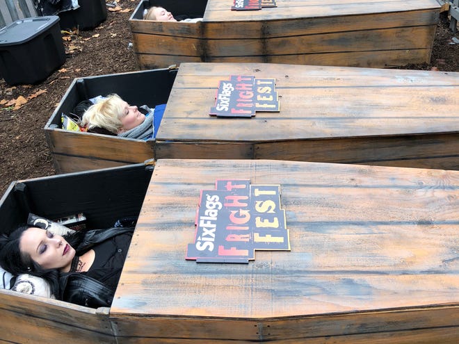 Contestants spend 30 hours in coffins during Fright Fest at Six Flags in St. Louis, Missouri.