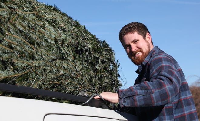 Phil Montigney of Townsend ties a tree to the roof of his SUV Friday morning at Willey Farms.
