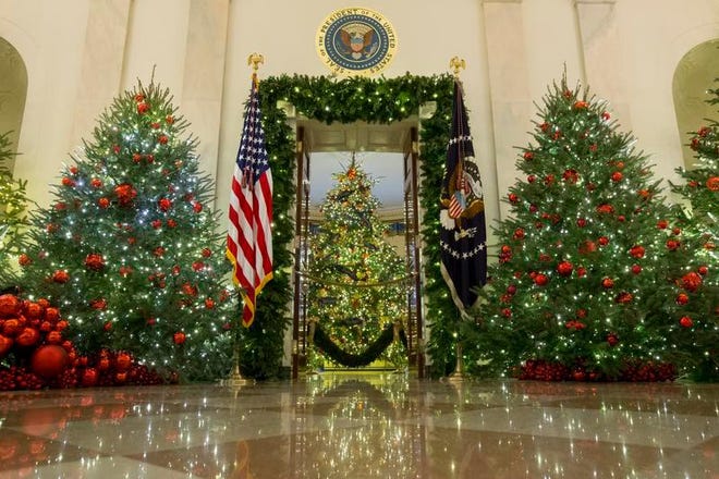The Presidential seal is seen above an entrance to the Blue Room where the official White House Christmas tree (C) is dressed in blue velvet ribbon embroidered in gold; as seen from the Cross Hall during a viewing of the 2018 holiday decorations at the White House in Washington, D.C.
