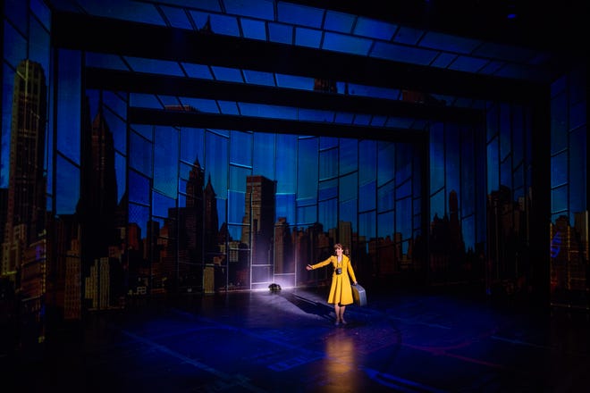 Cindy (Chilina Kennedy) arrives in the big city, where she hopes to be a part of all the changes of the 1960s in Delaware Theatre Co.'s 'A Sign of The Times.' The skyline is part of a set that morphs into many locations, thanks partly to clever projects and videos.