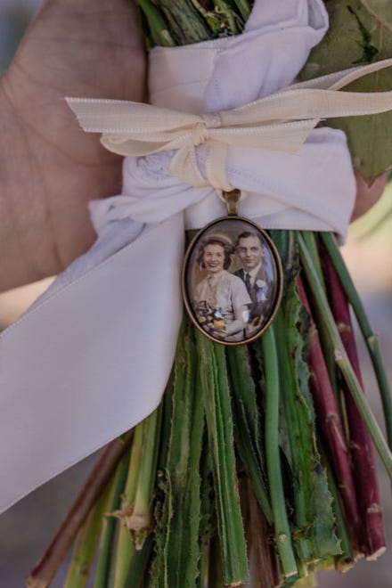 Emily Mannis tied a photo of her grandparents on their wedding day to her bouquet when she married Patrick Dougherty.