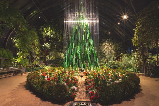 The tree in Longwood's Mediterranean garden is fashioned out of 600 rectangular pieces of glass, stained in various shades of green.