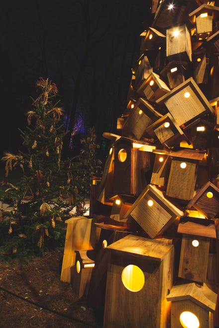 Longwood Gardens' popular Wildlife Tree is reinvented as a 13-foot conical tree covered in 200 handmade birdhouses.