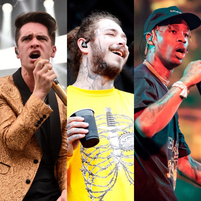 Firefly Music Festival's 2019 edition will be headlined by pop/rock act Panic! at the Disco (left) along with rappers Post Malone (center) and Travis Scott.