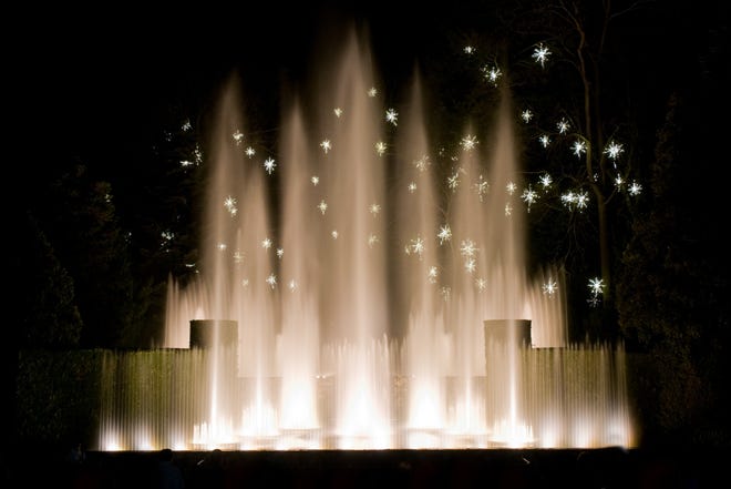 The Open Air Theatre fountains run lighted shows every few minutes during A Longwood Christmas. but the main fountains close for the winter.