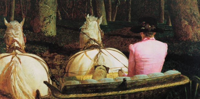 Phyllis Wyeth drives a team of horses in Jamie Wyeth's 1987 painting "Connemara."