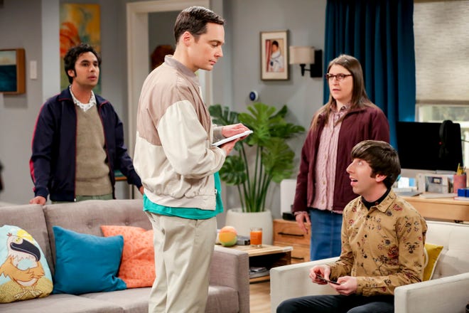 A scene from Thursday's episode of "The Big Bang Theory" on CBS. Delaware author Shaun Gallagher's book "Experimenting with Babies" is featured prominently.