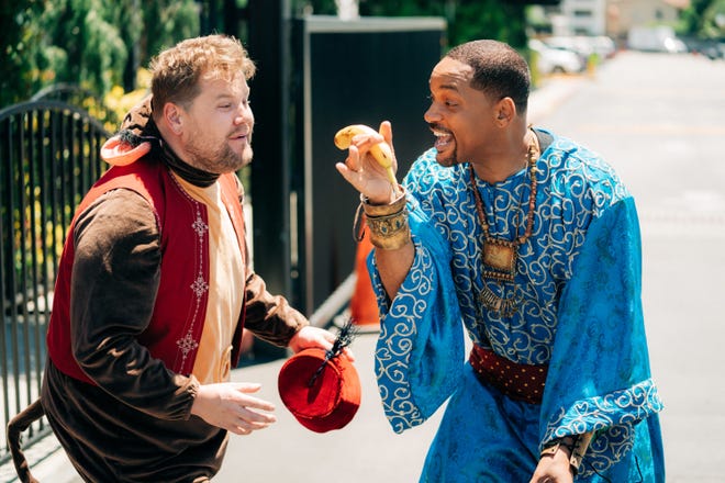 James Corden (left) and Will Smith send up Disney ' s live-action " Aladdin " with a " Crosswalk: The Musical " spoof that aired May 23, 2019, on " The Late Late Show With James Corden. "