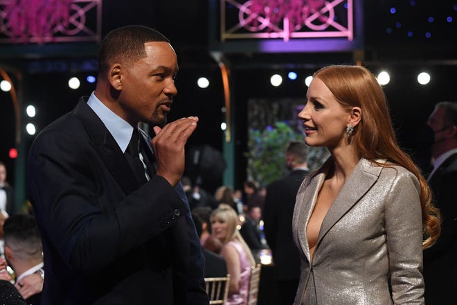Will Smith, left, and actress Jessica Chastain attend the 28th annual Screen Actors Guild Awards in Santa Monica, California, on Feb. 27. 2022.