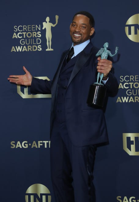 Will Smith, winner of outstanding performance by a male actor in a leading role for " King Richard, " poses in the photo room at the 28th annual SAG Awards on Feb. 27, 2022.
