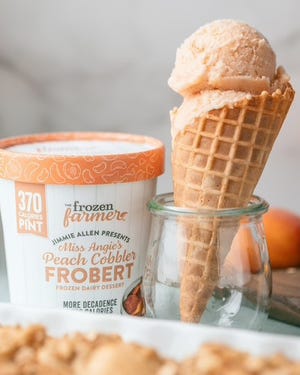 Miss Angie's Peach Cobbler Frobert, a new flavor from The Frozen Farmer, will be available in more than 2,000 Kroger stores. It is inspired by the mother of country star Jimmie Allen, a Milton native.
