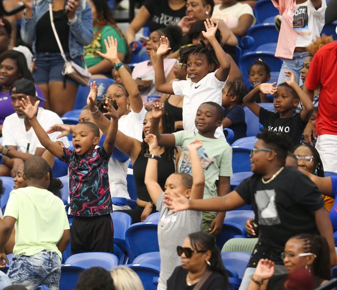 Young fans cheer during Duffy's Hope 19th Annual Celebrity Basketball Game at the Chase Fieldhouse in Wilmington, Saturday, August 5, 2023.
