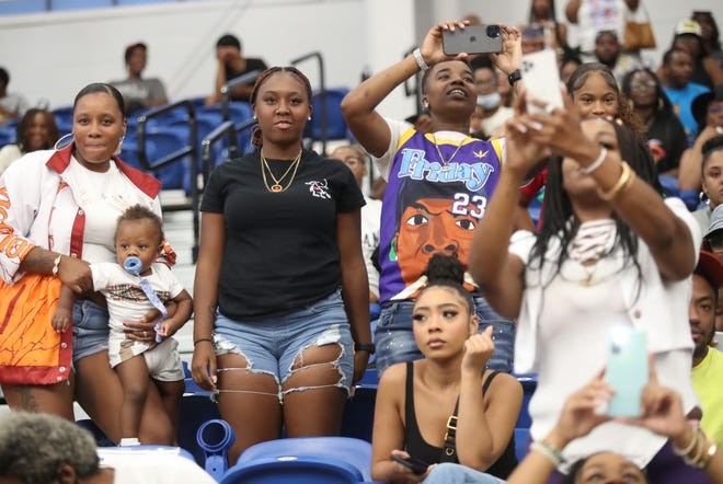 Fans watch young dancers perform at halftime during Duffy's Hope 19th Annual Celebrity Basketball Game at the Chase Fieldhouse in Wilmington, Saturday, August 5, 2023.
