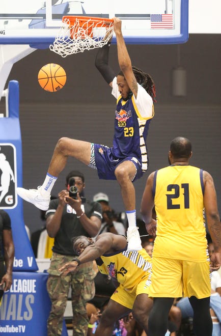 'Jumpin Joe' Ballard slams during Duffy's Hope 19th Annual Celebrity Basketball Game at the Chase Fieldhouse in Wilmington, Saturday, August 5, 2023.