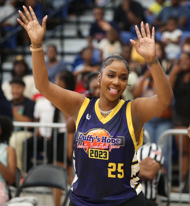 Kash Doll is introduced during Duffy's Hope 19th Annual Celebrity Basketball Game at the Chase Fieldhouse in Wilmington, Saturday, August 5, 2023.